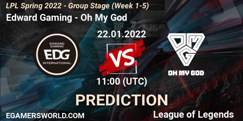 Pronóstico Edward Gaming - Oh My God. 22.01.2022 at 11:45, LoL, LPL Spring 2022 - Group Stage (Week 1-5)