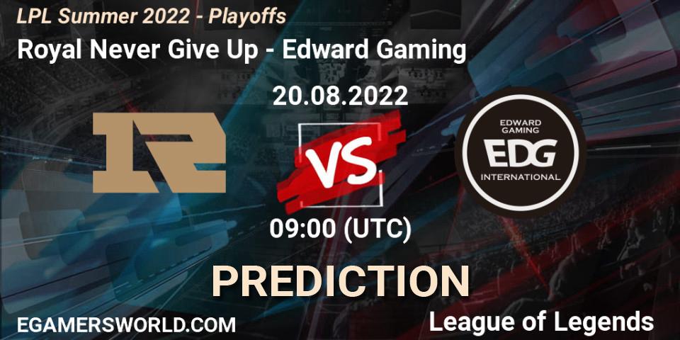 Pronóstico Royal Never Give Up - Edward Gaming. 20.08.2022 at 09:00, LoL, LPL Summer 2022 - Playoffs