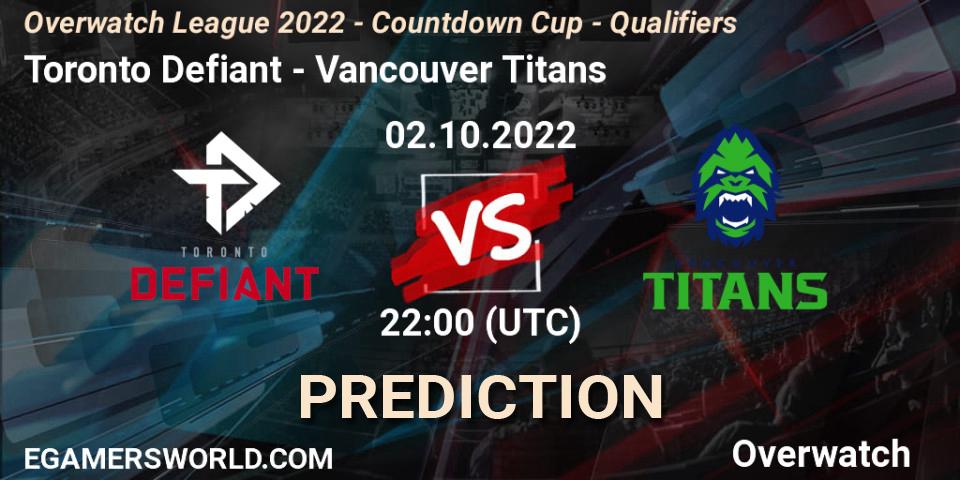 Pronóstico Toronto Defiant - Vancouver Titans. 02.10.2022 at 22:20, Overwatch, Overwatch League 2022 - Countdown Cup - Qualifiers