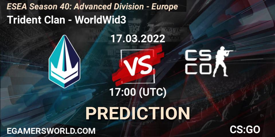 Pronóstico Trident Clan - WorldWid3. 17.03.2022 at 17:00, Counter-Strike (CS2), ESEA Season 40: Advanced Division - Europe