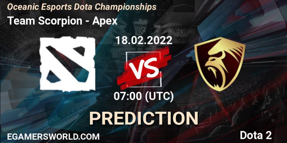 Pronóstico Team Scorpion - Apex. 18.02.2022 at 07:18, Dota 2, Oceanic Esports Dota Championships