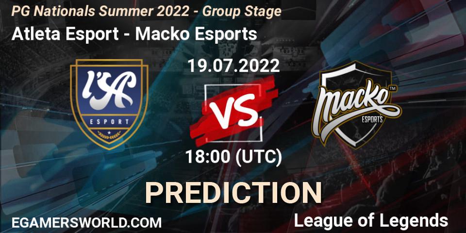 Pronóstico Atleta Esport - Macko Esports. 19.07.2022 at 18:00, LoL, PG Nationals Summer 2022 - Group Stage