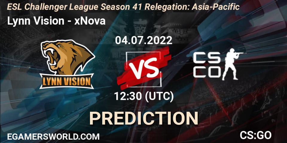 Pronóstico Lynn Vision - xNova. 04.07.2022 at 12:30, Counter-Strike (CS2), ESL Challenger League Season 41 Relegation: Asia-Pacific