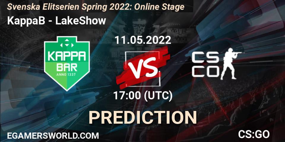 Pronóstico KappaB - LakeShow. 11.05.2022 at 17:00, Counter-Strike (CS2), Svenska Elitserien Spring 2022: Online Stage