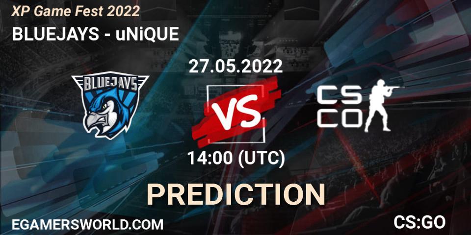 Pronóstico BLUEJAYS - uNiQUE. 27.05.2022 at 11:40, Counter-Strike (CS2), XP Game Fest 2022