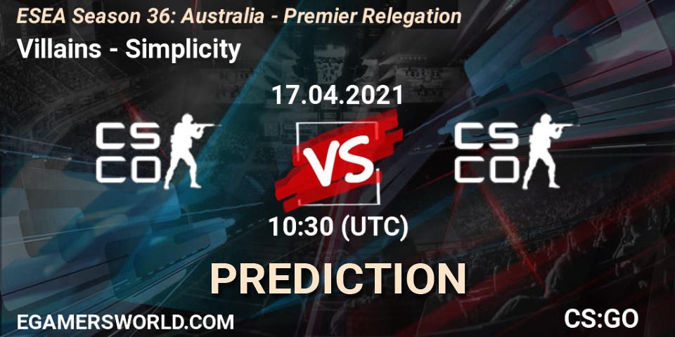 Pronóstico Villains - Simplicity. 17.04.2021 at 10:30, Counter-Strike (CS2), ESEA Season 36: Australia - Premier Relegation