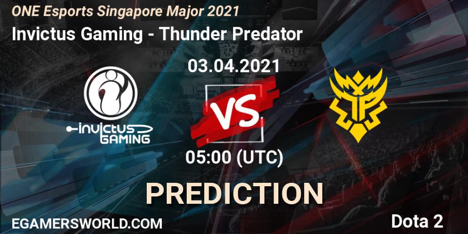 Pronóstico Invictus Gaming - Thunder Predator. 03.04.2021 at 06:04, Dota 2, ONE Esports Singapore Major 2021