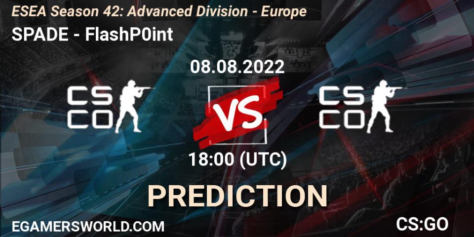 Pronóstico SPADE - FlashP0int. 24.08.2022 at 15:00, Counter-Strike (CS2), ESEA Season 42: Advanced Division - Europe