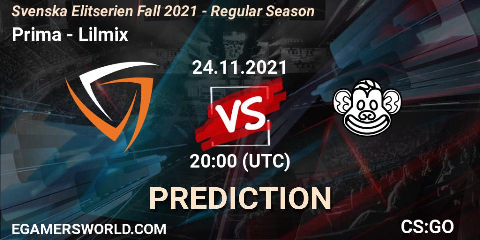 Pronóstico Prima - Lilmix. 24.11.2021 at 20:00, Counter-Strike (CS2), Svenska Elitserien Fall 2021 - Regular Season
