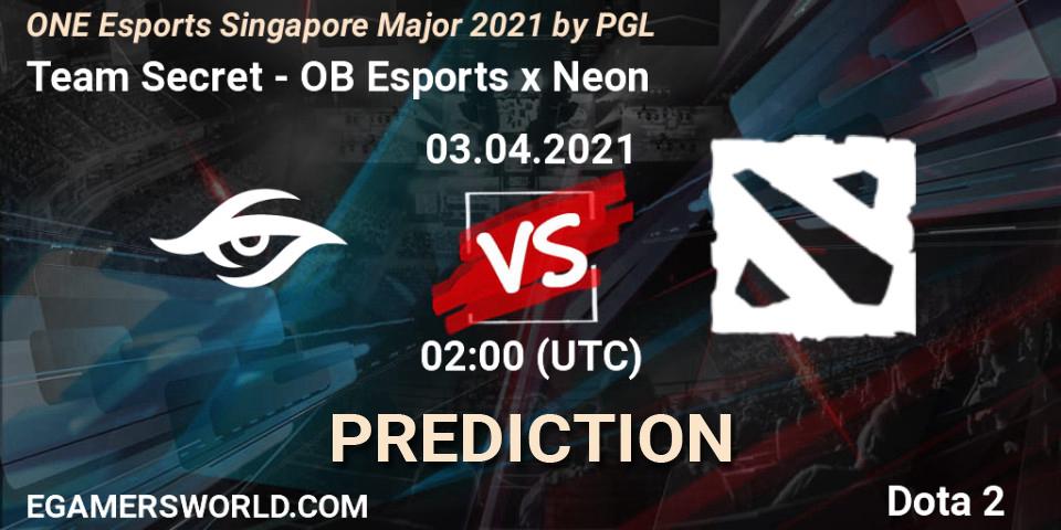 Pronóstico Team Secret - OB Esports x Neon. 03.04.2021 at 02:01, Dota 2, ONE Esports Singapore Major 2021