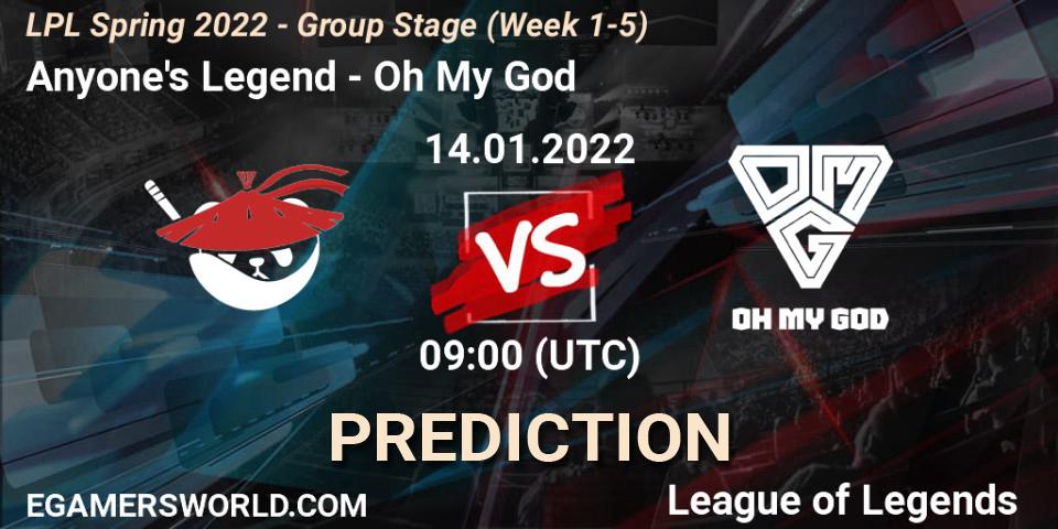 Pronóstico Anyone's Legend - Oh My God. 14.01.2022 at 09:00, LoL, LPL Spring 2022 - Group Stage (Week 1-5)