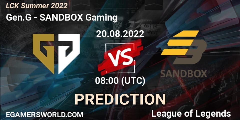 Pronóstico Gen.G - SANDBOX Gaming. 20.08.2022 at 08:00, LoL, LCK Summer 2022