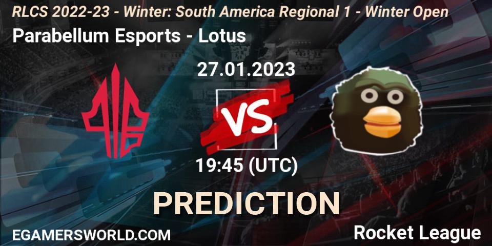Pronóstico Parabellum Esports - Lotus. 27.01.2023 at 19:45, Rocket League, RLCS 2022-23 - Winter: South America Regional 1 - Winter Open