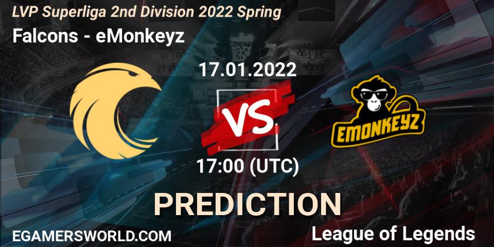Pronóstico Falcons - eMonkeyz. 18.01.2022 at 17:00, LoL, LVP Superliga 2nd Division 2022 Spring