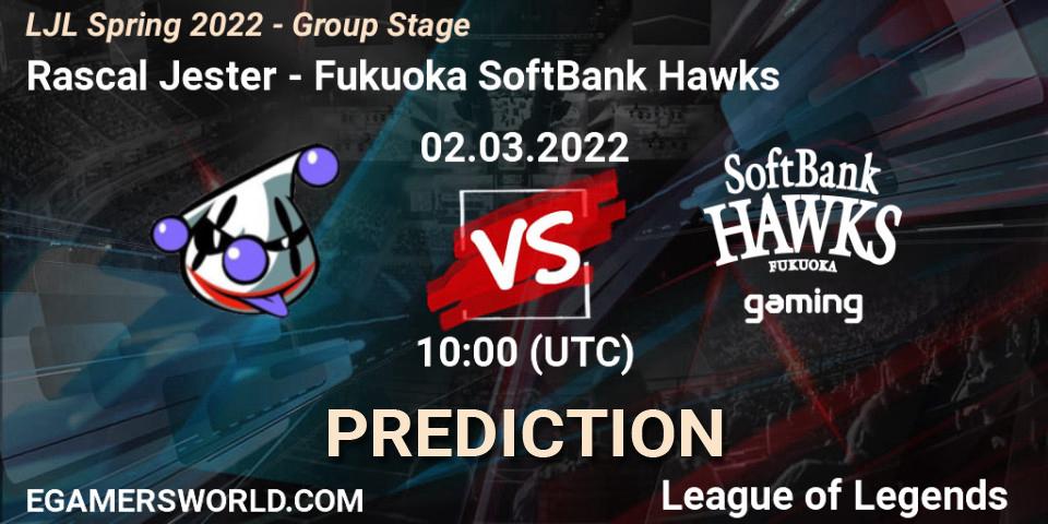 Pronóstico Rascal Jester - Fukuoka SoftBank Hawks. 02.03.2022 at 10:00, LoL, LJL Spring 2022 - Group Stage