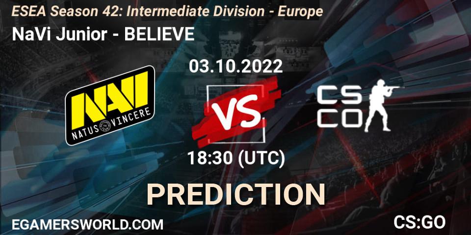 Pronóstico NaVi Junior - BELIEVE. 03.10.2022 at 17:00, Counter-Strike (CS2), ESEA Season 42: Intermediate Division - Europe
