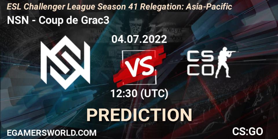 Pronóstico NSN - Coup de Grac3. 04.07.2022 at 12:30, Counter-Strike (CS2), ESL Challenger League Season 41 Relegation: Asia-Pacific