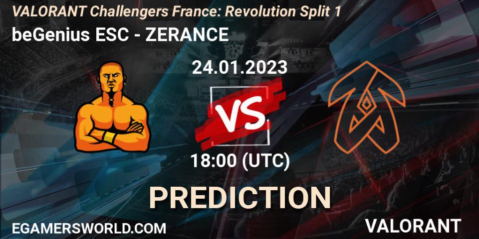 Pronóstico beGenius ESC - ZERANCE. 24.01.2023 at 18:10, VALORANT, VALORANT Challengers 2023 France: Revolution Split 1