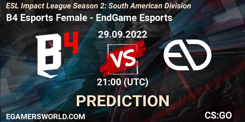 Pronóstico B4 Esports Female - EndGame Esports. 29.09.2022 at 21:00, Counter-Strike (CS2), ESL Impact League Season 2: South American Division