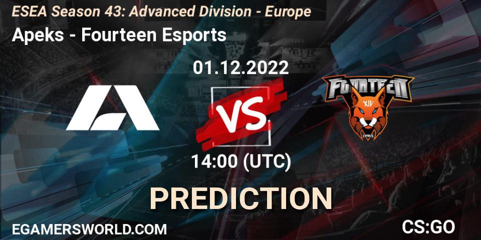Pronóstico Apeks - Fourteen Esports. 01.12.22, CS2 (CS:GO), ESEA Season 43: Advanced Division - Europe