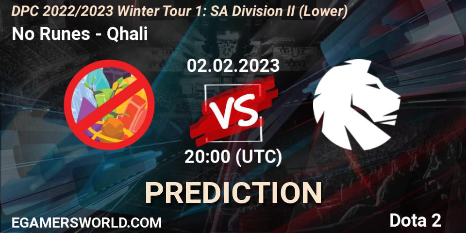 Pronóstico No Runes - Qhali. 02.02.23, Dota 2, DPC 2022/2023 Winter Tour 1: SA Division II (Lower)