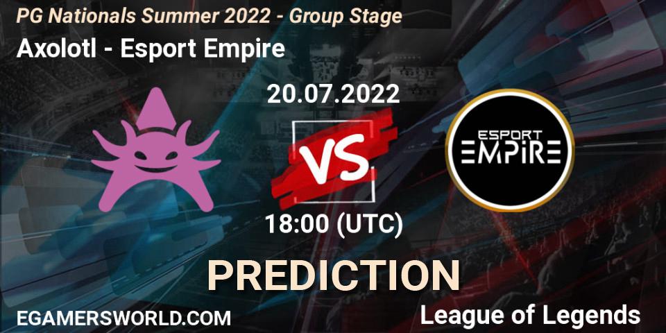 Pronóstico Axolotl - Esport Empire. 20.07.2022 at 18:00, LoL, PG Nationals Summer 2022 - Group Stage