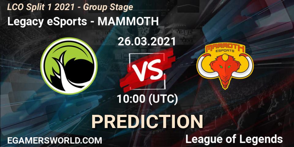 Pronóstico Legacy eSports - MAMMOTH. 26.03.2021 at 10:00, LoL, LCO Split 1 2021 - Group Stage