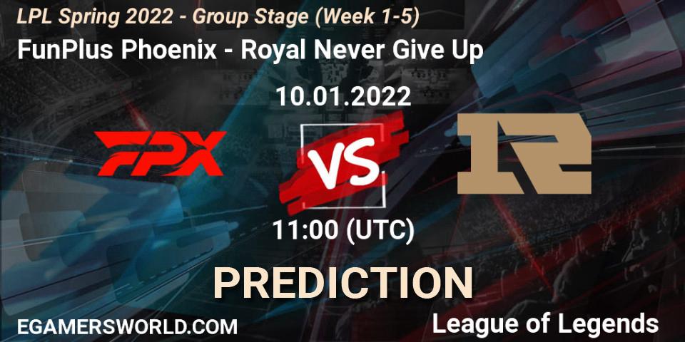 Pronóstico FunPlus Phoenix - Royal Never Give Up. 10.01.2022 at 11:00, LoL, LPL Spring 2022 - Group Stage (Week 1-5)
