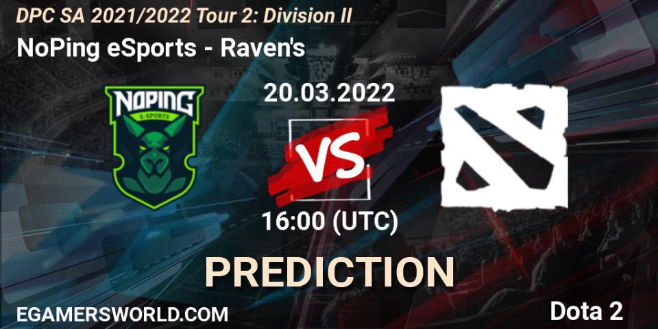 Pronóstico NoPing eSports - Raven's. 20.03.2022 at 16:01, Dota 2, DPC 2021/2022 Tour 2: SA Division II (Lower)