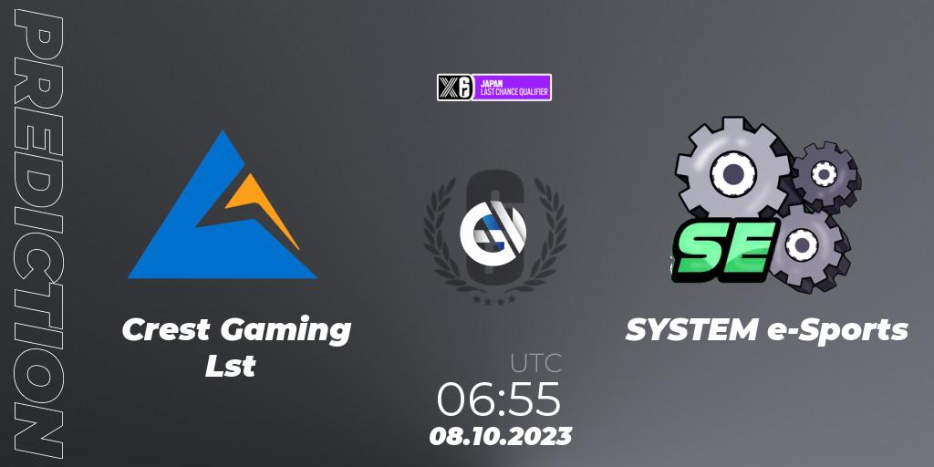 Pronóstico Crest Gaming Lst - SYSTEM e-Sports. 08.10.2023 at 06:55, Rainbow Six, Japan League 2023 - Stage 2 - Last Chance Qualifiers