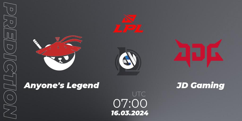 Pronóstico Anyone's Legend - JD Gaming. 16.03.24, LoL, LPL Spring 2024 - Group Stage