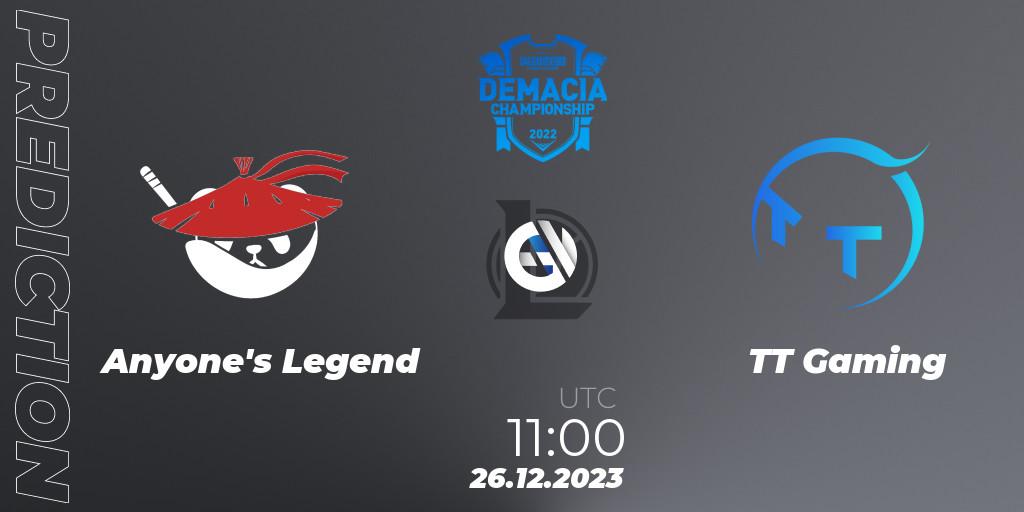 Pronóstico Anyone's Legend - TT Gaming. 26.12.2023 at 11:00, LoL, Demacia Cup 2023 Group Stage