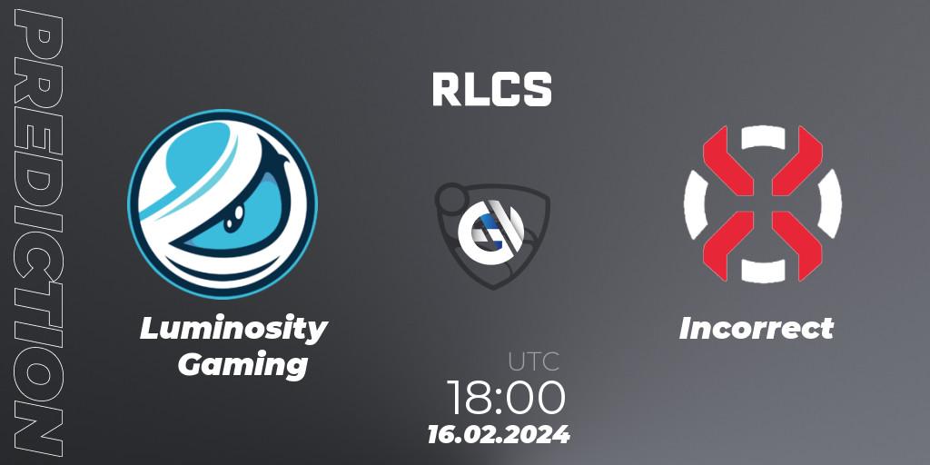 Pronóstico Luminosity Gaming - Incorrect. 16.02.2024 at 18:00, Rocket League, RLCS 2024 - Major 1: North America Open Qualifier 2
