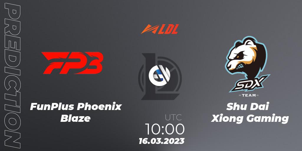 Pronóstico FunPlus Phoenix Blaze - Shu Dai Xiong Gaming. 16.03.2023 at 10:00, LoL, LDL 2023 - Regular Season