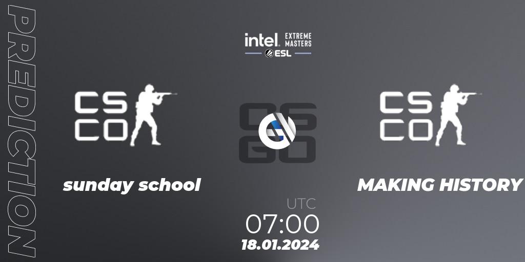 Pronóstico sunday school - MAKING HISTORY. 18.01.2024 at 07:00, Counter-Strike (CS2), Intel Extreme Masters China 2024: Oceanic Open Qualifier #2