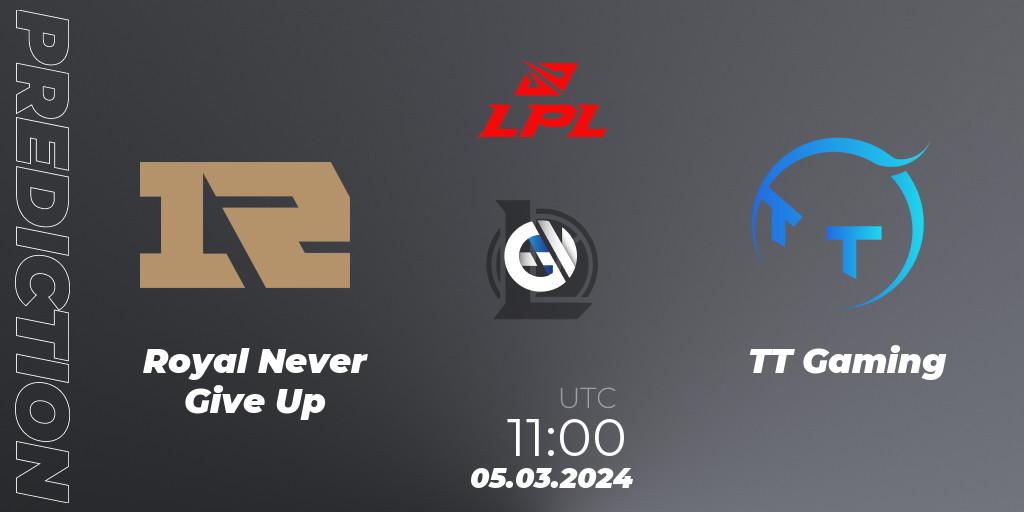 Pronóstico Royal Never Give Up - TT Gaming. 05.03.2024 at 12:00, LoL, LPL Spring 2024 - Group Stage