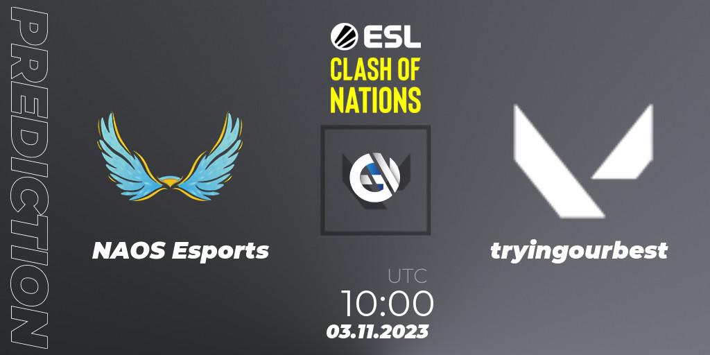 Pronóstico NAOS Esports - tryingourbest. 03.11.2023 at 10:00, VALORANT, ESL Clash of Nations 2023 - SEA Closed Qualifier
