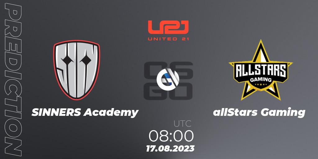 Pronóstico SINNERS Academy - allStars Gaming. 17.08.23, CS2 (CS:GO), United21 Season 5