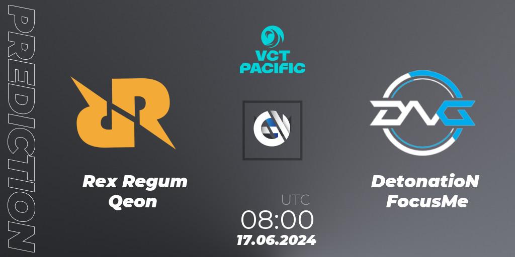Pronóstico Rex Regum Qeon - DetonatioN FocusMe. 17.06.2024 at 08:10, VALORANT, VALORANT Champions Tour Pacific 2024: Stage 2 - Group Stage
