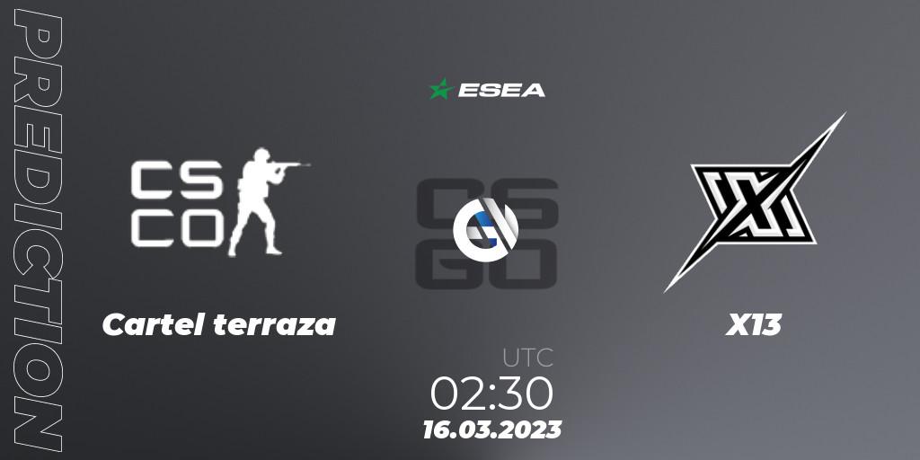 Pronóstico Cartel terraza - X13. 16.03.2023 at 02:30, Counter-Strike (CS2), ESEA Advanced Season 44 North America