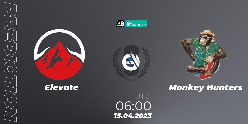 Pronóstico Elevate - Monkey Hunters. 15.04.2023 at 08:00, Rainbow Six, Asia League 2023 - Stage 1 - Last Chance Qualifiers