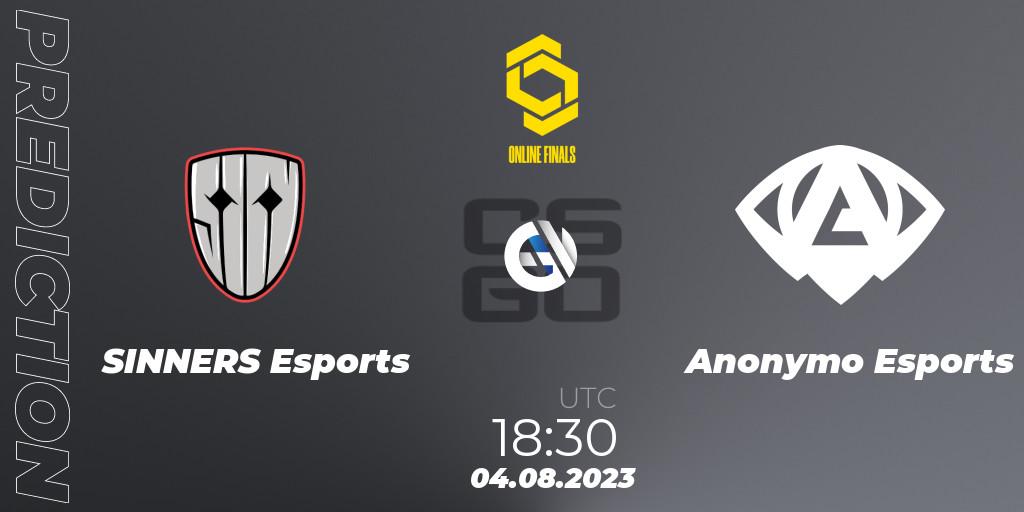 Pronóstico SINNERS Esports - Anonymo Esports. 04.08.2023 at 20:35, Counter-Strike (CS2), CCT 2023 Online Finals 2