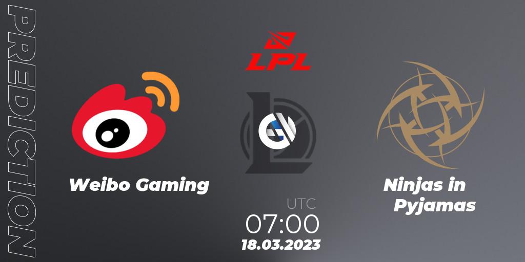 Pronóstico Weibo Gaming - Ninjas in Pyjamas. 18.03.2023 at 07:00, LoL, LPL Spring 2023 - Group Stage