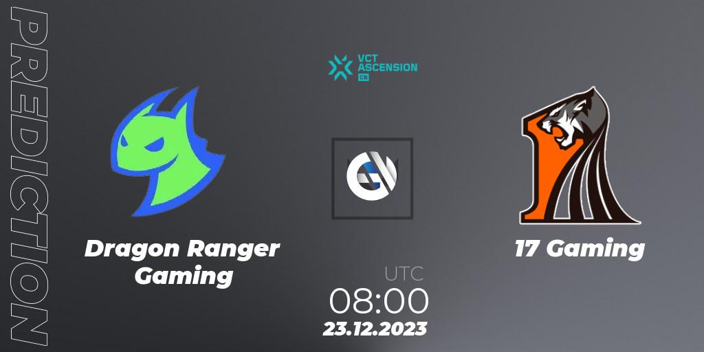 Pronóstico Dragon Ranger Gaming - 17 Gaming. 23.12.2023 at 08:40, VALORANT, VALORANT China Ascension 2023