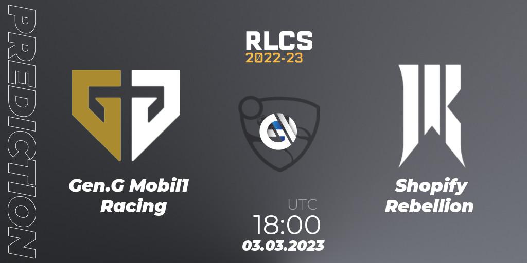 Pronóstico Gen.G Mobil1 Racing - Shopify Rebellion. 03.03.2023 at 18:00, Rocket League, RLCS 2022-23 - Winter: North America Regional 3 - Winter Invitational