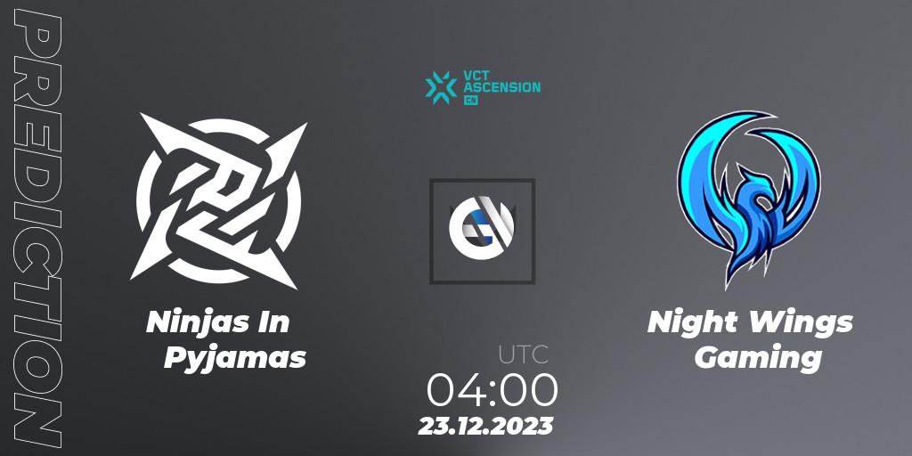 Pronóstico Ninjas In Pyjamas - Night Wings Gaming. 23.12.2023 at 04:00, VALORANT, VALORANT China Ascension 2023