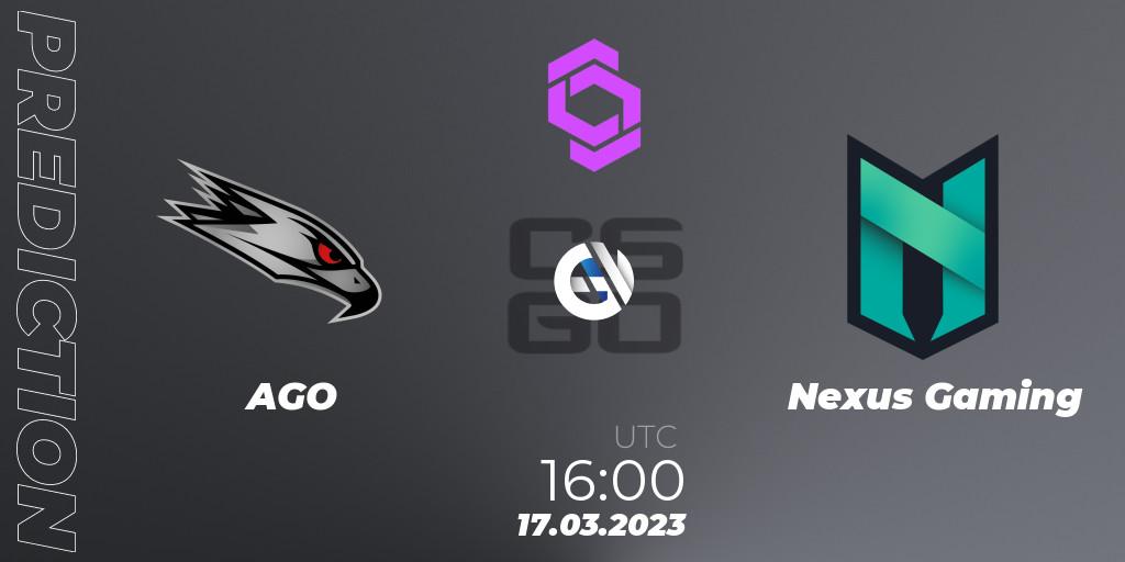 Pronóstico AGO - Nexus Gaming. 17.03.2023 at 16:40, Counter-Strike (CS2), CCT West Europe Series #2