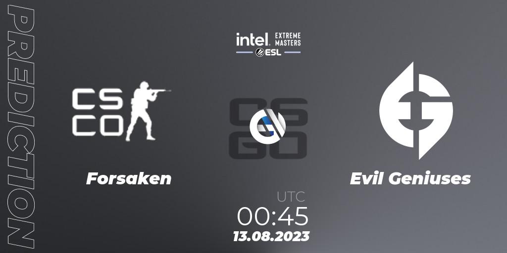 Pronóstico Forsaken - Evil Geniuses. 13.08.2023 at 01:00, Counter-Strike (CS2), IEM Sydney 2023 North America Open Qualifier 2