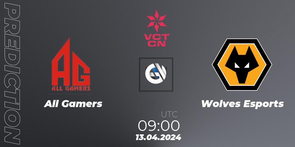 Pronóstico All Gamers - Wolves Esports. 13.04.2024 at 09:00, VALORANT, VALORANT Champions Tour China 2024: Stage 1 - Group Stage
