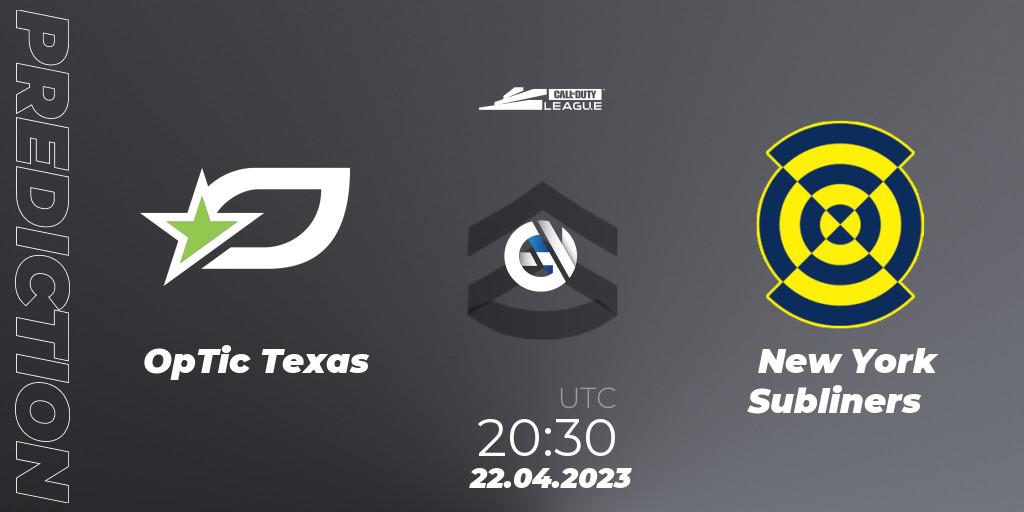 Pronóstico OpTic Texas - New York Subliners. 22.04.2023 at 20:30, Call of Duty, Call of Duty League 2023: Stage 4 Major